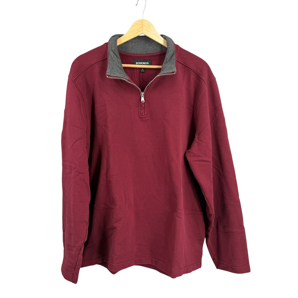 Bonobos Quarter Zip‎ Fleece Pullover Mens XL Burgundy Red Cotton Stretch